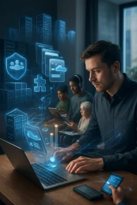 A high-end editorial photograph of a focused LMS developer at a modern desk whose open laptop projects a semi-transparent holographic architecture: modular UI cards flip like magician's cards, plugin puzzle pieces snap together and glowing API connectors link to a distant cloud of scalable server racks and container clusters; to one side a fortress-like data vault of server cabinets with a luminous shield protecting floating user tokens, to the other a diverse group of learners—varied ages and ethnicities, a person in a wheelchair and a student with headphones—engaging AI-assisted, accessible interfaces on smartphones, tablets, a braille display and a large touch screen, while streams of data and neural-network threads weave between devices and cloud as visual metaphors for elastic scaling and traffic flow; cinematic soft natural light, shallow depth of field, high-resolution realistic textures and editorial color grading with intricate detail.