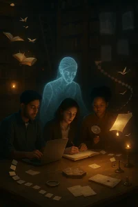 A photorealistic, cinematic scene in a dim, oak‑lined library: a translucent AI adviser woven from filaments of light and faint code leans toward three diverse students—one typing on a modern laptop, one annotating with a fountain pen, one holding a magnifying glass to a glowing floating page. Around them, visual metaphors for prompting and critique unfold: open books whose pages turn into tiny birds (fiction), others clipped with brass fixtures that emit warm steady light (verified sources), a hexagonal wooden token with six subtle glowing insets on the table (six principles), and a chain of pinned index cards arcing through the air (prompt chaining). Faint ghostlike books with blurred, dripping text hover in the background (hallucinations) while scattered research artifacts—magnifying glass, citation slips, sealed envelopes, a small balance scale—dot the scene; cinematic warm key light with cool rim highlights, soft shallow depth of field (50mm, f/2.2), natural filmic color grading, rich textures, and a contemplative scholarly mood; no visible text or labels.