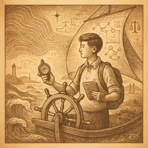 A vintage engraved-style scene on aged sepia paper of a student at the wooden helm of a sailing ship that dissolves into a dynamic seascape; old nautical charts and compasses subtly morph into faint digital grids and streams of code, while wind becomes swirling circuit-patterned currents filling the sails. The student holds a brass compass in one hand and a subtle tablet in the other as distant harbors, lighthouses, and bridges dot the horizon to suggest pathways to work and collaboration; translucent overlays of analytics nodes and project sketches imply portfolios and teamwork, while a small guiding star and balanced scales whisper of ethical guidance. Ink-etching texture, halftone travel-poster look, warm sepia tones, and a slightly faded, tactile finish complete the composition.
