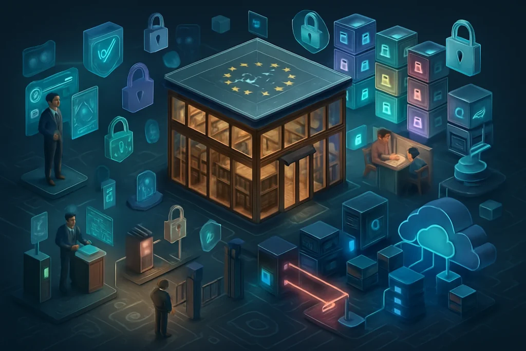 An isometric diorama of a glass-and-wood learning hub where rows of personal vaults emit soft colored glows for student records, surrounded by hovering padlocks, encryption blocks and circuit-patterned floors. Color-coded keycards, biometric scanners and guarded gates show role-based access while vignettes depict an admin enabling MFA, a privacy officer tuning holographic settings, a teacher with a student, an incident-response team sealing a leaking data stream, and encrypted backups beaming to a cloud; audit trails, pseudonymized avatars and a monitored API bridge complete this cinematic, high-detail 3D vision of compliance and protection.