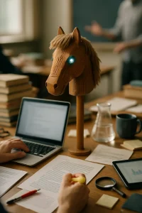A handcrafted wooden keppihevonen with subtle circuit-board etchings and soft cyan eyes perches on a crowded student desk, a whimsical intelligent assistant as one hand types and the other holds a highlighter. Photorealistic, editorial composition shows marked-up drafts and a red pen, bug-highlighted code and a blurred tablet chart, lab notes and beaker, magnifying glass, stacked textbooks, index cards, glasses and a coffee mug, all bathed in warm window light with cool cyan rim lighting and shallow depth of field to suggest collaborative critique and human oversight.