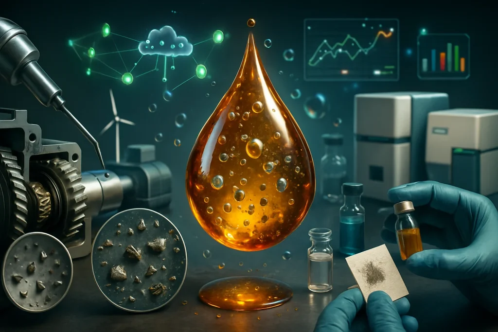 A cinematic 3D tableau centers on a translucent amber oil droplet suspended like a blood teardrop, filled with microscopic metal flakes, water microdroplets and varnish-like films. To the left, a detailed cutaway of an industrial gearbox and hydraulic cylinder with a miniature wind turbine and compressor and a robotic syringe drawing oil from a port, revealing a cross-section of metal wear particles; to the right, a modern laboratory bench with glass vials, pipette, membrane patch plate, compact ICP/MS and FTIR instruments, a particle counter showing a magnified microscope view and membrane patch residue, and gloved hands holding samples. Above, a network of glowing IoT sensor nodes threads to a small cloud/AI node emitting analytic pulses and holographic trend charts and floating graphs. Rich textures—glossy oil, brushed metal, clear glass and fine particulates—and a balanced amber, steel-gray, teal and electric-green palette with shallow depth of field create a dramatic, forensic-tech atmosphere.