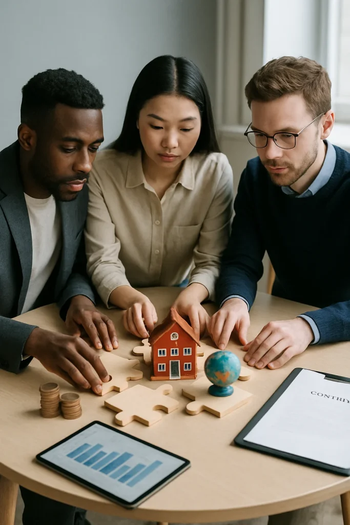 Editorial photograph of a minimalist Scandinavian meeting room where three diverse professionals lean over a light-wood round table, fitting wooden puzzle pieces together around a small model school and a tiny globe. A neat stack of coins, a tablet displaying abstract charts, and a simple contract folder sit nearby. Soft natural window light, shallow depth of field and neutral cool tones create a crisp, professional composition that evokes collaborative financing, risk-sharing and strategic planning for scalable education.