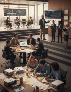 A photorealistic, cinematic office tableau built as four ascending platforms that visualize a project-management career progression. The lowest tier shows a junior at a cluttered desk completing a multiple-choice sheet and organizing printed schedules, cost and quality checklists while being quietly coached; the second tier features a mid-level manager leading a small team around a table with sticky notes, a laptop displaying a Gantt-style chart and printed project reports; the third tier presents a senior project manager before multiple monitors and large paper schematics, directing team members and pointing at a colorful risk-heat map and network diagrams while holding detailed reports; the top tier frames an executive in a glass boardroom overlooking wall screens with a portfolio dashboard and strategic roadmap, meeting a small leadership panel. An interview panel sits nearby, framed certificates (without legible text), laptops, clipboards, pens, coffee cups and printed charts populate the scene. Realistic natural light, strong depth of field, rich textures and cinematic color grading emphasize ultra-detailed photorealism.