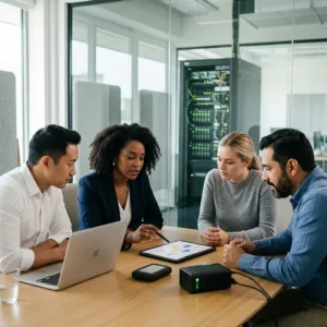 Photorealistic scene of a diverse four-person team in a bright modern conference room gathered around a clean table with a laptop and a tablet displaying an abstract schematic, a portable external hard drive and compact UPS/power bank visible; through a glass wall a server rack glows with green LEDs. One team member points at the tablet while others listen with focused, engaged expressions; natural soft lighting, shallow depth of field and a neutral color palette with minimal clutter.