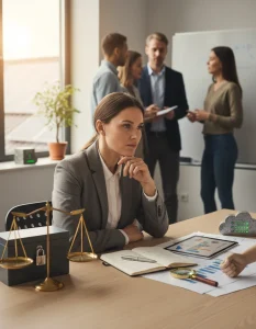 Photorealistic editorial portrait of a thoughtful project manager (mid-30s, gender-neutral) at a modern desk in warm daylight, surrounded by symbolic objects of ethical project practice: a balanced brass scale, a locked file with a small padlock, an open notebook with handwritten notes and a pen, a tablet displaying abstract, text-free progress charts, a magnifying glass on project papers, a small handshake sculpture and diverse team members collaborating in soft focus behind them, a healthy potted sapling on the windowsill with rooftop solar panels visible outside, and a compact cloud-server model with subtle green LEDs and recycled-metal texture; shallow depth of field, high-detail cinematic editorial composition in a neutral professional palette.