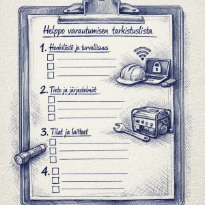 High-detail ballpoint-pen sketch on textured paper showing a large clipboard centered with a clipped checklist titled in Finnish 'Helppo varautumisen tarkistuslista'. Four numbered sections are hand-lettered: '1. Henkilöstö ja turvallisuus', '2. Tieto ja järjestelmät', '3. Tilat ja laitteet' and a fourth line left open/truncated, suggesting an unfinished item. Fine cross-hatching, ink accents and visible paper grain create an editorial, tactile illustration that feels both practical and contemplative.