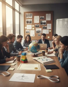 Photorealistic workshop scene in a sunlit modern conference room: a diverse group of students and a facilitator gather around a wooden table strewn with learning artifacts — an elegant blank certificate with an embossed gold seal, four stacked colored wooden blocks, an open textbook and printed diagrams, a laptop showing an out-of-focus organizational chart, a globe threaded with pinned strings, a bulletin board of photos and vintage documents, a whiteboard sketched with a pyramid and arrows, blank ID lanyards, notebooks, pens, coffee cups and sticky notes with icons, plus a subtle ethics motif (scales/compass) on a sheet. Cinematic composition, shallow depth of field, warm natural light and richly detailed textures convey focus, collaboration and international professional development.