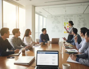 Photorealistic scene of a diverse project team in a modern meeting room conducting a retrospective: a facilitator points to a glass wall covered in colorful sticky notes and charts labeled Start-Stop-Continue, 4L and 5 Whys, while team members around a table with laptops, notebooks and coffee engage openly. A laptop screen shows a Lessons Learned document and project metrics dashboard, and a binder labeled Best Practices sits on the table — warm natural light and clean editorial composition underscore collaborative learning and continuous improvement.