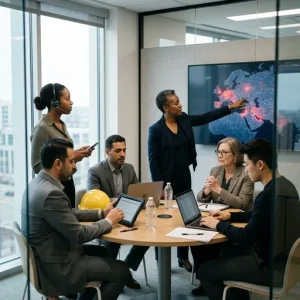 Photorealistic editorial image of a five-person crisis management team in a compact modern conference room: a decisive leader stands at a round table pointing to a large digital screen displaying an abstract situation map with red highlights, a communications specialist holds a smartphone and headset, an operations manager has a tablet with a hard hat on the table, an HR/safety officer adopts a calming posture, and a focused scribe types on a laptop; diverse ages and genders in muted corporate attire, natural daylight, shallow depth of field, minimal clutter and a tense but controlled atmosphere suitable for an article illustration.
