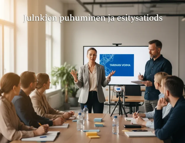 Editorial-style photo of a modern public-speaking workshop titled 'Julkinen puhuminen ja esitystaidot': a confident presenter in their 30s mid-speech with expressive hand gestures and steady eye contact, a small diverse group engaged, a laptop displaying a clear, simple slide, a smartphone on a tripod recording, a coach taking notes and giving constructive feedback while participants watch playback on a tablet; cue cards and a notebook on the table, warm natural window light, soft bokeh, high-resolution crisp detail and natural skin tones, empowering documentary mood ideal for an educational article.