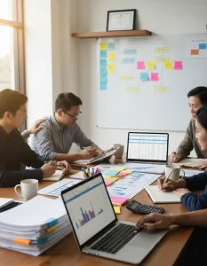 A photorealistic, cinematic scene of a diverse 4 to 5 person project team collaborating around a table scattered with printed project plans, a risk register, WBS diagrams, colorful sticky notes, pens, coffee cups and a calculator. One laptop displays a Gantt chart while a tablet shows a spreadsheet; a whiteboard behind them features a color‑coded project lifecycle and a simple risk heatmap, with a framed certificate on a shelf. Team members point, take notes and listen attentively, one offering a supportive hand on a colleague's shoulder, soft daylight and shallow depth of field emphasize focused, constructive teamwork and high-detail textures.