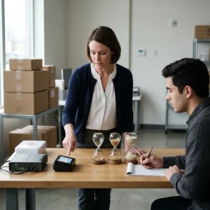 Photorealistic scene of a business-casual manager pointing to a glowing payment terminal and a compact server on a tidy table, with stacked shipping boxes and a small first-aid kit nearby. Three simple hourglasses with differing sand levels sit beside a teammate taking notes on a plain notepad—visually signaling immediate, short- and long-term priorities. Soft natural light, shallow depth of field and a muted color palette create a calm, uncluttered composition for an article about defining critical business functions.