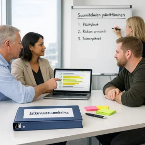 Documentary-style photoreal image of a small debrief in a modern office: four diverse professionals around a clean table with a printed binder labeled 'Jatkuvuussuunnitelma', a laptop showing a highlighted checklist, colorful sticky notes and a pen. One person points at the screen while another writes on a whiteboard titled 'Suunnitelmien päivittäminen' with three short bullet points; natural soft daylight, uncluttered composition and clear, readable text — ideal for an article about continuity planning or process updates.