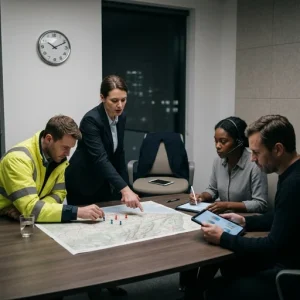Four professionals gather in a minimalist crisis room — a suited leader pointing decisively, a high‑visibility jacketed field operative leaning over a pinned map, a headseted coordinator taking notes on a tablet, and a colleague holding a tablet with blurred charts; an empty chair with a folded jacket and phone hints at backup, while a plain wall clock, soft cinematic light and a muted palette convey focused urgency and purpose.