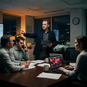 A mid-40s leader stands calm and focused in a dim modern operations room, tablet in hand and pointing decisively as three colleagues listen — one taking notes, one on the phone, one poised at a laptop with blurred red warning lights. An analog clock shows the late hour; scattered papers and a half-filled checklist hint at incomplete information and mounting time pressure. Warm amber emergency accents mix with cool overhead tones; shallow depth of field and subtle facial tension convey composed, decisive action under pressure.