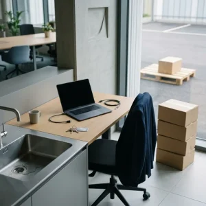 A photorealistic editorial still life of a modern office desk arranged as four symbolic disruptions: a laptop with a frozen dark screen and an unplugged network cable (cyber outage), a neat stack of empty cardboard crates by the window with a pallet parked outside (supply-chain delay), a stainless steel sink with a single slow drip and a small puddle (infrastructure failure), and an empty swivel chair with a jacket draped over it and keys left on the desk (key-person absence). Balanced composition, muted corporate palette and soft natural light with shallow depth of field create a quiet, tense portrait of simultaneous vulnerability.