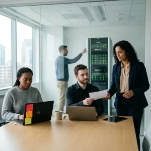 A small, diverse corporate recovery team in a bright modern meeting room; a composed leader hands a printed checklist to an IT technician while a colleague works at a laptop with three vertically arranged sticky notes (red, orange, yellow) indicating priorities. Through a glass partition a technician powers up a server rack as LEDs switch to green, cinematic daylight and shallow depth of field, minimal props and focused, calm expressions conveying a controlled post-incident recovery.