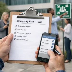 Close-up of hands holding a clipboard with 'Emergency Plan — Drill' checklist and a smartphone displaying emergency contacts, while a small, diverse team assembles calmly at an outdoor meeting point in front of a modern office building; natural daylight, shallow depth of field and realistic textures convey a focused, calm, purposeful emergency drill.
