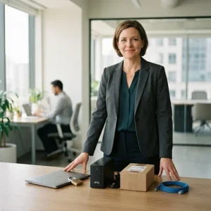 Photorealistic portrait of a calm, confident mid-40s business leader standing at a minimalist conference table, hands gently framing four symbolic objects: a closed laptop secured with a metal padlock, a compact UPS power backup, a sealed cardboard shipping box, and a coiled ethernet cable. Warm natural window light, shallow depth of field, clean neutral palette and a softly blurred colleague in the background convey quiet stewardship over cybersecurity, power resilience, supply chain and connectivity in a modern office.