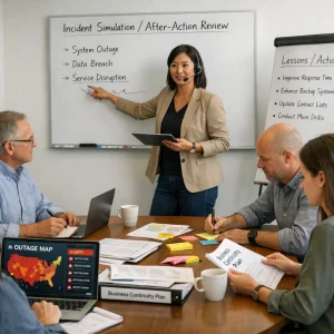 Photorealistic, documentary-style image of a small diverse corporate team running a disruption scenario in a modern, uncluttered conference room. A facilitator with a tablet and headset points to a whiteboard labeled 'Incident Simulation / After-Action Review' while laptops display an outage map and alerts; printed business continuity plans, sticky notes, and a flipchart titled 'Lessons / Actions' sit on the table as colleagues take notes and mark action items — serious, focused collaboration in soft natural light, illustrating practical crisis training and organizational resilience.