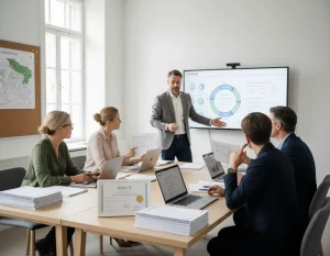 Photorealistic scene of a modern Scandinavian training room where 4–6 diverse mid‑career professionals gather around a table with laptops, notebooks, printed course modules and exam‑prep sheets; visible Gantt chart, risk matrix and stakeholder map on paper and tablet; an instructor gestures to a large wall screen showing a clear project lifecycle diagram and modular course outline while an IPMA D certificate and a practical checklist lie on the table. Warm natural light, clean minimalist design and shallow depth of field give a crisp, professional look ideal for an article header.