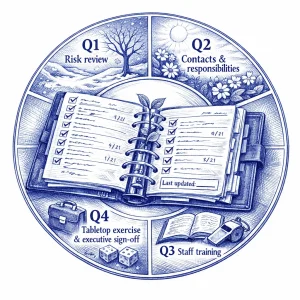 Editorial ballpoint-pen illustration of an open living binder with a small green sprout growing from its spine; pages filled with checklists, dates and a prominent "Last updated:" stamp left blank. A clear circular annual wheel surrounds the binder, divided into four labeled quadrants—Q1 Risk review; Q2 Contacts & responsibilities; Q3 Staff training; Q4 Tabletop exercise & executive sign-off—symbolizing cyclical governance, continuous monitoring and organic, ongoing updates. High-detail linework, informative and hopeful in tone.