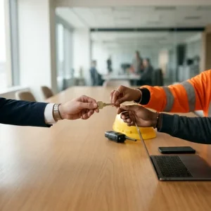 Photorealistic close-up of three diverse hands passing a brass office key across a modern conference table — a suit sleeve, a high-visibility safety-jacket sleeve with a hard hat nearby, and a casual hoodie beside the edge of a laptop and a smartphone; shallow depth of field, soft natural light and a blurred contemporary boardroom background in a neutral, minimalist palette, symbolizing succession, access and continuity in times of crisis.