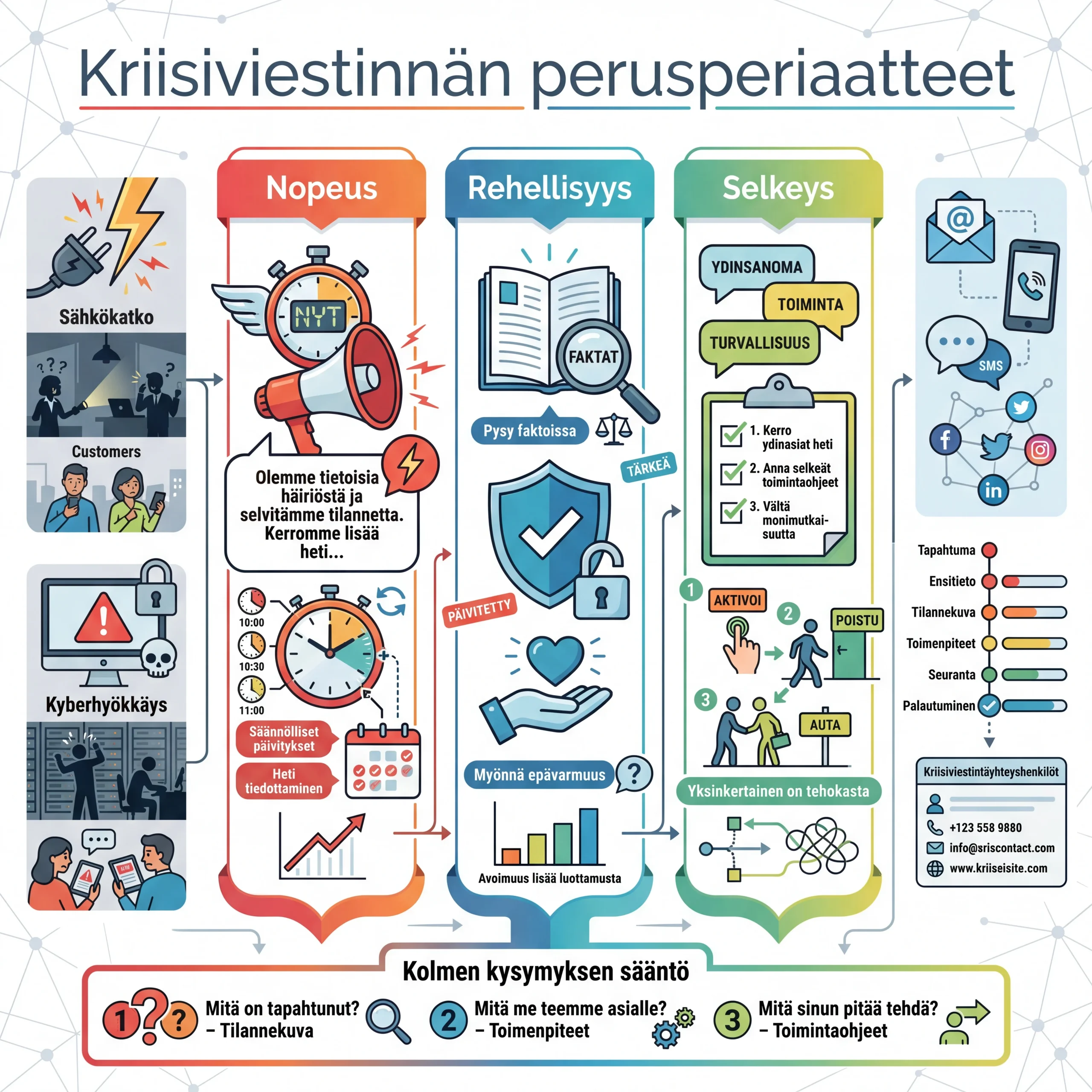 Korkearesoluutioinen, moderni flat/vector-infografiikka joka visualisoi kriisiviestinnän kolme värikoodattua pilaria: Nopeus (punainen/oranssi), Rehellisyys (sininen) ja Selkeys (vihreä/keltainen) — jokaisessa pilarissa tunnistettavat ikonit ja minikohtaukset (sekuntikello, megafoni, esimerkkiviesti 'Olemme tietoisia häiriöstä ja selvitämme tilannetta. Kerromme lisää heti…', säännölliset päivityskellot; avoin dokumentti, suurennuslasi, kilpi ja empatiankuvake; yksinkertaiset viestikuplat, tarkistuslista ja toimintokuvakkeet). Vasemmassa sarakkeessa skenaariot 'Sähkökatko' ja 'Kyberhyökkäys' sekä henkilöstön ja asiakkaiden reaktiot; oikeassa sarakkeessa viestintäkanavat (sähköposti, puhelin, SMS, some), aikajana päivityspisteillä ja yhteystietokortti. Alareunassa korostettu sääntölaatikko kolmella kysymyksellä: 1) Mitä on tapahtunut? 2) Mitä me teemme asialle? 3) Mitä sinun pitää tehdä?. Sisältää pieniä mikroelementtejä (ikonit, nuolet, statuspalkit, badge-tunnisteet), hillityn ruudukko-taustan ja luettavan sans-serif-typografian; väripaletti yhdistää kiireellisyyden ja luottamuksen, painovalmiina 3000×2000 px.