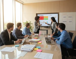 Photorealistic scene of a diverse project team in a bright modern meeting room gathered around a table with laptops, a printed risk register, checklists and colorful sticky notes. A large wall screen shows a color-coded red/yellow/green risk matrix and charts while a whiteboard displays SWOT headings and action cards labeled "Avoid", "Mitigate", "Transfer", "Accept"; one person points at the matrix as another writes "early warning" indicators on a tablet. Natural daylight, realistic textures and business-casual attire lend a documentary editorial tone that emphasizes collaborative, proactive risk management and decision-making.