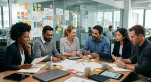 A photorealistic, cinematic shot of a diverse professional team engaged in a deep, focused collaboration within a modern, brightly lit office. Gathered around a conference table filled with abstract geometric diagrams, laptops, and mugs, their expressive faces convey mutual understanding. A vibrant glass wall covered in sticky notes and abstract graphs provides a complex, text-free backdrop symbolizing continuous improvement.