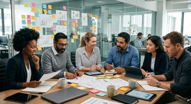 A photorealistic, cinematic shot of a diverse professional team engaged in a deep, focused collaboration within a modern, brightly lit office. Gathered around a conference table filled with abstract geometric diagrams, laptops, and mugs, their expressive faces convey mutual understanding. A vibrant glass wall covered in sticky notes and abstract graphs provides a complex, text-free backdrop symbolizing continuous improvement.