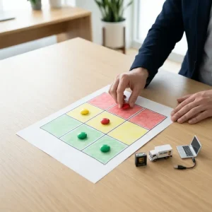 Photorealistic overhead/angled shot of a clean white table with a simple 3x3 risk matrix color‑coded like traffic lights—green low risk, yellow medium, red high risk concentrated top‑right. A business person's hands in smart‑casual sleeves place a red round magnet into the top‑right cell while other green, yellow and red magnets occupy the grid; nearby realistic tokens—a tiny UPS battery, a small toy delivery truck and a miniature laptop with a disconnected USB cable—suggest concrete risk examples. Minimalist, airy office setting with soft natural light, shallow depth of field, crisp high‑resolution realism and ample negative space perfect for an article header; no text or labels.