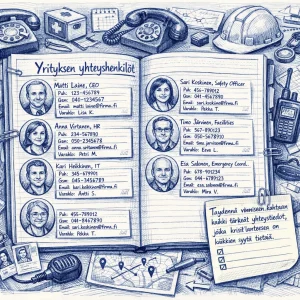 Highly detailed editorial ballpoint-pen illustration in blue and black ink: a central open directory sheet titled "Yrityksen yhteyshenkilöt" in a bold handwritten serif, surrounded by annotated sketches and crisis-ready notes. A tight grid of small circular portrait vignettes labeled with names and roles (CEO, Safety Officer, HR, IT, Facilities, Emergency Coordinator) sits beside meticulously drawn business cards showing phone, mobile, email, backup contact and on-call hours; a pinned sticky note reads in neat ballpoint handwriting: "Täydennä viimeiseen kohtaan kaikki tärkeät yhteystiedot, jotka kriisitilanteessa on kaikkien syytä tietää." Scattered icons and objects — an old-fashioned telephone and a smartphone with an incoming-call screen displaying an emergency number, radio handset, walkie-talkies, first-aid kit, fire extinguisher, hard hat, ID badges and a small map with pinned locations and arrows linking people to sites — are rendered with fine cross-hatching, layered annotations, pins, paper clips and shadows to create a sense of organized urgency and practical detail.