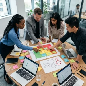 Overhead photorealistic view of a small conference table during a risk-assessment workshop: four diverse professionals lean in and point at a large printed risk-matrix grid with green–yellow–red zones, surrounded by colorful sticky notes, pens and open laptops. A minimalist process-flow diagram sits beside the grid with one node highlighted in red to indicate a single point of failure; natural daylight, shallow depth of field, crisp details and a neutral professional palette convey a calm, focused mood.
