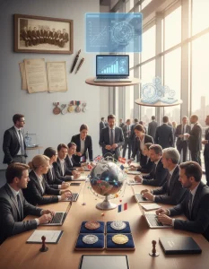 A photorealistic editorial scene in a bright modern conference hall centers on a long oak table surrounded by diverse professionals, laptops and tablets showing abstract charts and Gantt-style bars, and a polished globe studded with colored pins linked by thin wires to miniature flags. Institutional memory is suggested by a sepia group photograph in a wooden frame, a stack of aged papers and fountain pens evoking a 1960s founding, four distinct medallions on velvet and embossed certificates with visible seals, while a small committee examines dossiers and stamps seals. An elevated round table displays four subtly lit color-coded maps, a transparent holographic network and radial diagram float above a laptop, and a glass sculpture of interlocking gears sits beside a tasteful scale of justice and an open ethics handbook, all framed by a bustling registration area, cinematic natural light, rich textures, realistic reflections and gentle film grain.