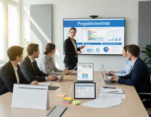 Editorial-kuvattu fotorealistinen kohtaus: moderni kokoushuone ja kuusi eri taustaa edustavaa ammattilaista (projektipäällikkö, asiakas, tiiminjäsenet, sidosryhmän edustaja) pöydän ääressä. Keskellä projektipäällikkö osoittaa isolle seinänäytölle, jossa näkyy otsikko Projektiviestintä, selkeä viestintäsuunnitelma, Gantt-kaavio, dashboard-mittarit ja sähköpostin aihe Päivitys riskianalyysistä 10.4. Pöydällä kannettavat ja tabletit, tabletissa Kanban-taulu (Trello/Jira-tyylinen), jaetun pilvihakemiston ikoni, tulostettu kokousagenda ja pöytäkirja, tehtävä- ja vastuualueita osoittavat tarralaput sekä näkyvä kalenteri päivitysaikatauluineen. Yhteistyöhön ja läpinäkyvyyteen korostuva tunnelma, lämmin luonnonvalo, matala syväterävyys, korkearesoluutioinen fotorealismi ja puhdas moderni toimitilarakenne, editorial-kompositio.