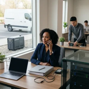 A photorealistic scene of calm, prepared continuity: a mid-40s team leader speaks on a smartphone at a tidy desk with a blank-screen laptop, closed binder and pen, and an external hard drive with USB cable. In the background a younger colleague assembles a temporary workstation with a mobile hotspot and headphones; a glassed server rack with subtle LEDs and a window view of a backup generator and delivery van reinforce the orderly contingency setup. Soft natural light, shallow depth of field, and a neutral palette emphasize readiness and professional poise.