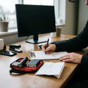 A close, photorealistic slice of a small office desk where crisis planning happens: hands jotting on a clipboard, a powered-off monitor blurred in the background, an emergency kit with flashlight, power bank and spare batteries, a folded instruction sheet and blank smartphone, pen and stapler — soft daylight, shallow depth of field and muted corporate tones convey calm preparedness and practical focus.