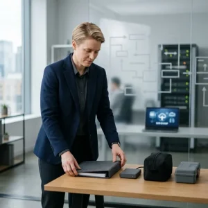 Photorealistic portrait of a calm, confident business professional (mid-30s, gender-neutral, Northern European appearance) in a tidy modern office arranging preparedness items—an external backup drive, a neutral-cover binder, a compact emergency kit and a small toolbox—on a minimalist desk. Soft natural light, shallow depth of field and a muted corporate palette frame a glass wall or whiteboard with a blurred flowchart and a server rack or laptop showing an abstract backup graphic, creating a clean, organized composition that conveys readiness and quiet confidence.