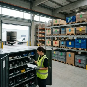 Photorealistic stockroom scene of quiet preparedness: in the foreground a technician in a hi-vis vest inspects spare parts in an open metal cabinet; midground shows neat racks and palletized boxes with colored tags; background reveals a loading bay with a delivery truck and a small local van, all bathed in soft natural light and a muted professional palette, conveying resource security and calm efficiency.