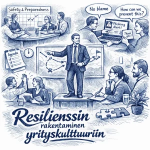 Intricate sinimusta kuulakärkikynäpiirros, toimistovignetteissä kuvattu journalistinen kokonaiskuva siitä, miten resilienssi juurtuu yrityskulttuuriin. Keskellä itsevarma johtaja matalalla puhujakorokkeella osoittaa suunnistuskarttaa, moninainen työntekijäryhmä kuuntelee ja tekee muistiinpanoja; ylävasemmalla kokouspöytä ja seinäkalenteri merkinnällä "Safety & Preparedness", agendalla ruksi ja pieni 2 minuutin kelloikoni; yläoikealla työntekijä näyttää liputetun phishing-sähköpostin kannettavalta, kollega hymyilee ja asettaa "Thank you" -lappusen. Puhekuplissa lukee "Ei syyttelyä" ja "Miten voimme estää tämän?", yksityiskohtainen kädenjälki korostaa, miten käytännöt ja asenteet muovaavat päivittäistä varautumista.