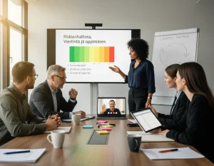 Photorealistic editorial photo of a diverse 3–5 person project team collaborating in a sunlit conference room: a presenter points to a large projected slide reading "Riskienhallinta, Viestintä ja oppiminen" with a colored green‑yellow‑red risk matrix and concise bullets; a laptop shows a live video call with a remote participant, a tablet displays a risk register spreadsheet, sticky notes and markers scatter the table, and a whiteboard behind lists "Lessons learned" with a continuous improvement loop. Warm natural light and shallow depth of field emphasize candid, focused expressions; open notebooks, coffee cups, and professional composition make it ideal for an article on risk management, communication, and continuous learning.