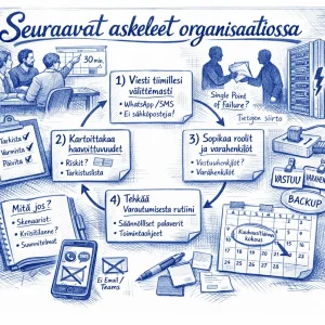 Yksityiskohtainen kuulakärkikynäpiirros artikkelin otsikkokuvaksi: kädentaitoinen otsikko Seuraavat askeleet organisaatiossa ylhäällä. Keskellä numeroitu nelivaiheinen vuokaavio nuolilla yhdistettynä: 1) Viesti tiimillesi välittömästi, 2) Kartoittakaa haavoittuvuudet, 3) Sopikaa roolit ja varahenkilöt, 4) Tehkää varautumisesta rutiini — jokainen laatikko pienin käsinkirjoitetuin muistiinpanoin. Ympärillä runsaat vignettit: monimuotoinen tiimi pöydän ääressä, yksi osoittaa seinäkalenteriin jossa 30 minuutin slot; muistilistaklippi jossa kolme rastia ja toimenpiteitä; avoin muistio otsikolla Mitä jos? skenaarioiden pallukoilla; älypuhelin jossa WhatsApp- ja SMS-ikonit ja yli viivattu sähköposti/Teams; palvelinräkki ja virtapistoke salamasymbolilla; yksittäinen riskikohta -siluetti luovuttamassa tiedostoa toiselle (tiedon luovutus); nimilaput ja varahenkilötunniste; kuukausikalenteri ympyröidyllä toistuvalla palaverilla; tulostettu jaettu dokumentti ja yhteystietolista, Post-it-laput, kynät ja nuolet jotka yhdistävät kohtauksia. Hieno, käsinkirjoitusta ja pieniä muistiinpanoja korostava kynäviivainen tyyli, selkeä otsikkoheaderiin.