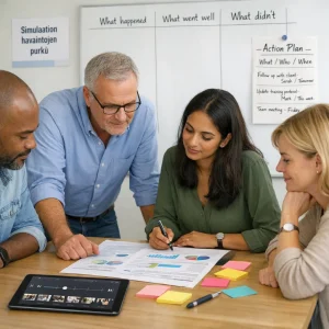 Photorealistic editorial image of a small, diverse corporate team (4–5 people, mixed genders and ages) in a bright modern meeting room calmly leaning over a table during a collaborative post‑simulation debrief. Hands rest on a printed simulation report surrounded by colorful sticky notes, pens and a tablet showing a playback timeline; a whiteboard in the background has three clear columns labeled "What happened", "What went well" and "What didn't", plus a pinned sheet titled "Action Plan — What / Who / When" with simple handwritten entries; no accusatory gestures, attentive constructive expressions, natural daylight, clean uncluttered composition and shallow depth of field, with a small wall poster displaying the Finnish title "Simulaation havaintojen purku".