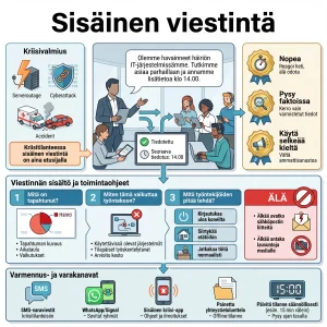 Infografinen editorial-kuva suomenkielisellä pääotsikolla "Sisäinen viestintä", moderni flat-vector-tyyli ja monipaneelinen, selkeä ruudukkoasettelu. Ylävasen paneeli esittää kriisiskenaarioita pikkutarkoin isometrisin ikonein (salama/sähkökatko, kilpi katkenneella linkillä/cyberhyökkäys, ambulanssi/onnettomuus) ja status‑laatikon tekstillä "Kriisitilanteessa sisäinen viestintä on aina etusijalla". Keskipaneelissa rauhallinen johtaja puhelin/tabletti kädessä ohjaa monimuotoista työntekijäryhmää, puhekuplassa esimerkkiviesti: "Olemme havainneet häiriön IT‑järjestelmissämme. Tutkimme asiaa parhaillaan ja annamme lisätietoa klo 14.00." Oikea paneeli esittelee kolme kultaisen säännön badgea numeroituina 1–3: "Nopea", "Pysy faktoissa", "Käytä selkeää kieltä" ja lyhyet täsmentävät rivit suomeksi. Alapuoella monikohtainen tarkistuslista otsikoilla "Mitä on tapahtunut?", "Miten tämä vaikuttaa työntekoon?", "Mitä työntekijöiden pitää tehdä?" sekä toimintaohjeilla kuten "Kirjautukaa ulos koneilta", "Siirtykää etätöihin", "Jatkakaa töitä normaalisti" ja punainen "ÄLÄ"‑sarake kiellettyine toimenpiteineen: "Älkää avatko sähköpostin liitteitä", "Älkää antako lausuntoja medialle". Alareunassa varakanavat: SMS-kupla, vihreä chat‑ryhmäikoni "WhatsApp/Signal", älypuhelin kriisisovake‑ikonia varten, painetun kontaktin kansio/offline‑label ja 15 minuutin ajastin, jokaisella lyhyt suomenkielinen kuvausteksti. Väripaletti tasapainoinen sininen/teal/harmaa, oranssit CTA‑korostukset ja punaiset varoitukset, runsaat valkoiset tilat, selkeä sans‑serif‑typografia, hienovaraiset varjostukset, numeroidut ikonit, pienet datapienkaaviot (piirakka/timeline) ja nuoliyhteydet tiedon kulun havainnollistamiseksi — ammattimainen, yksityiskohtainen ja julkaisukelpoinen infografiikka.
