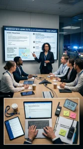 Editorial photo of a calm, diverse corporate crisis communications team coordinating a response in a modern conference room. A central communications manager points to a large wall screen displaying the bilingual headline Kriisiviestintä henkilöstölle ja asiakkaille / Crisis update — one half shows an official message template and a status dashboard (SMS gateway, email blast, social media queue, service status map), the other half shows blurred, chaotic social media chatter to contrast rumor vs official information. Foreground close-up captures hands about to press 'SEND' on a laptop draft, a tablet with an internal staff briefing, a printed binder labeled Continuity Plan / Varasuunnitelma, satellite phone and walkie-talkie, sticky-note checklists, a clock with a digital countdown, coffee cups and ID lanyards, and subtle rain and emergency lights through the window; cinematic natural lighting and shallow depth of field give the scene crisp editorial detail suitable for a business article.