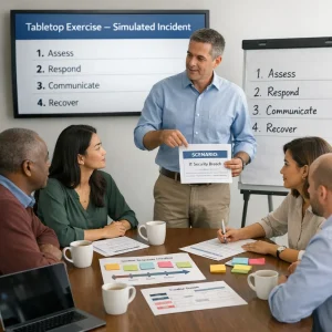 Photorealistic editorial image of five diverse professionals in business-casual attire gathered around a small conference table in a bright modern meeting room. A facilitator stands holding a printed scenario card and points to a flipchart displaying four clear numbered steps while the wall screen reads "Tabletop Exercise – Simulated Incident." Printed checklists, sticky notes, a simple timeline and a single laptop with its screen off sit on the table amid coffee cups. Soft natural light, muted professional colors, shallow depth of field and focused collaborative expressions create a clean, purposeful scene that emphasizes teamwork, process and preparedness.