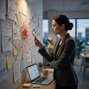 A photorealistic scene of a focused professional in a modern, softly lit office studying a wall-sized risk map of pinned documents, colored push-pins and connecting strings. They hold a magnifying glass while a laptop and a few sticky notes rest on the desk. A subtle brighter beam highlights a concentrated cluster of red pins suggesting critical functions; the documents show no legible text. Shallow depth of field and a calm neutral palette create a simple, uncluttered composition that emphasizes concentrated analysis.