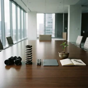 Photorealistic minimalist still-life on a polished conference table: four evenly spaced symbolic objects — binoculars, a heavy shock-absorber spring, a multi-tool with a slim flexible tablet, and a small green sprout pushing through cracked soil beside an open notebook and pen. Soft natural window light, shallow depth of field and a neutral muted palette create a clean, contemplative tableau about anticipating, absorbing, adapting to, and learning from disruption.